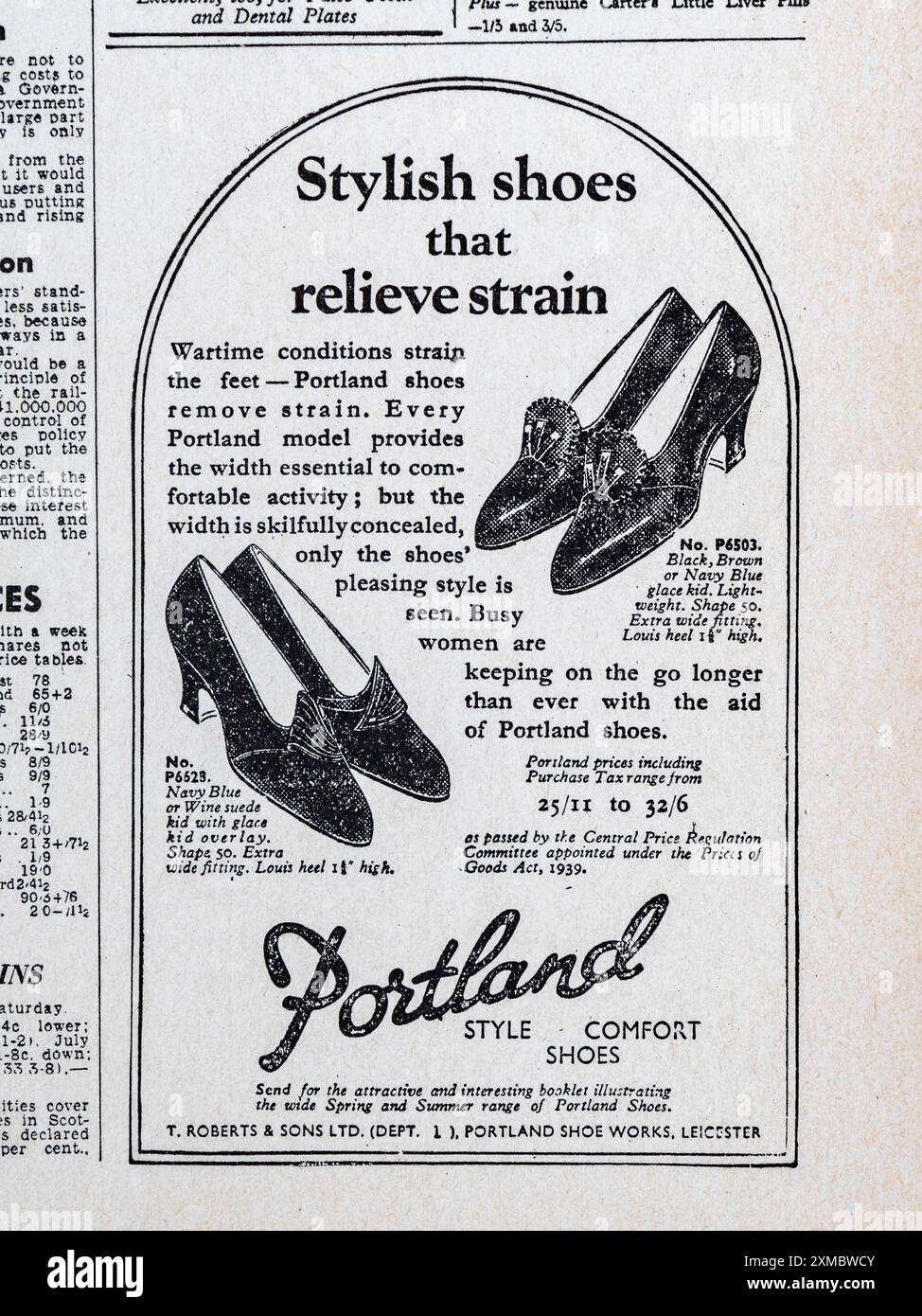 Annuncio per scarpe comfort in stile Portland nel Daily mail (replica), 24 febbraio 1941. Foto Stock