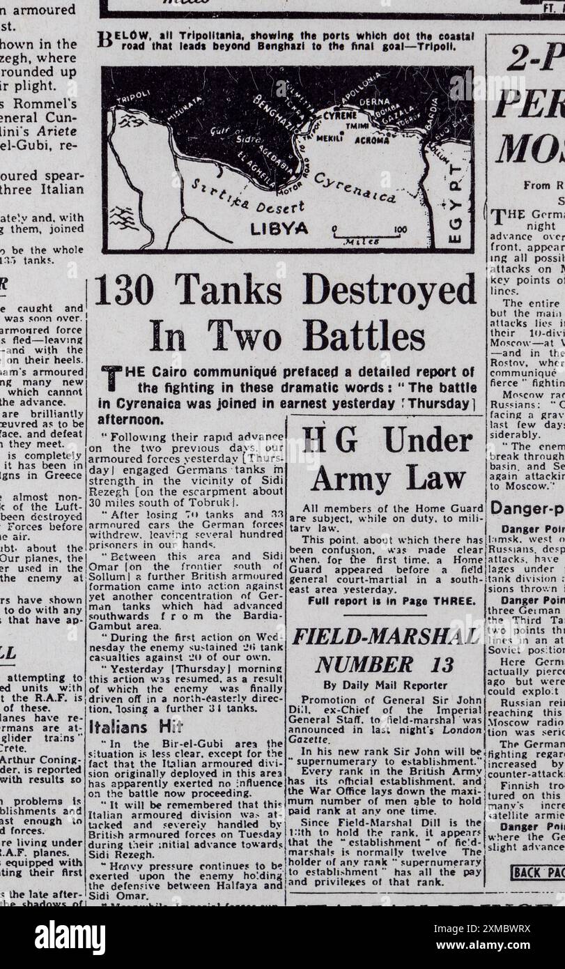 "130 carri armati distrutti in due battaglie" titolo in prima pagina del Daily mail (replica) 22 novembre 1941. Foto Stock