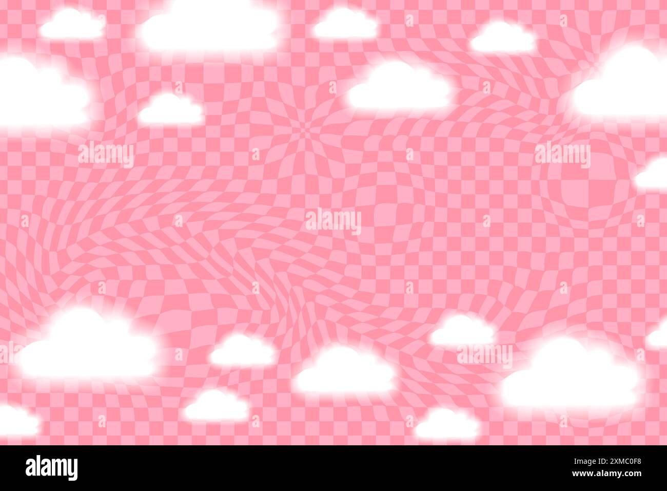 Sfondo rosa a scacchi psichedelico con nuvole aura bianche. Illustrazione vettoriale in stile cartone animato. Illustrazione Vettoriale