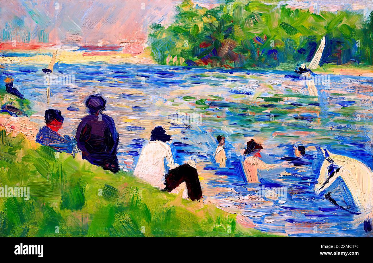 Bagnanti di Georges Seurat questo vibrante dipinto impressionista raffigura una vivace scena lungo il fiume dove le persone si godono una giornata di sole sull'acqua. Foto Stock