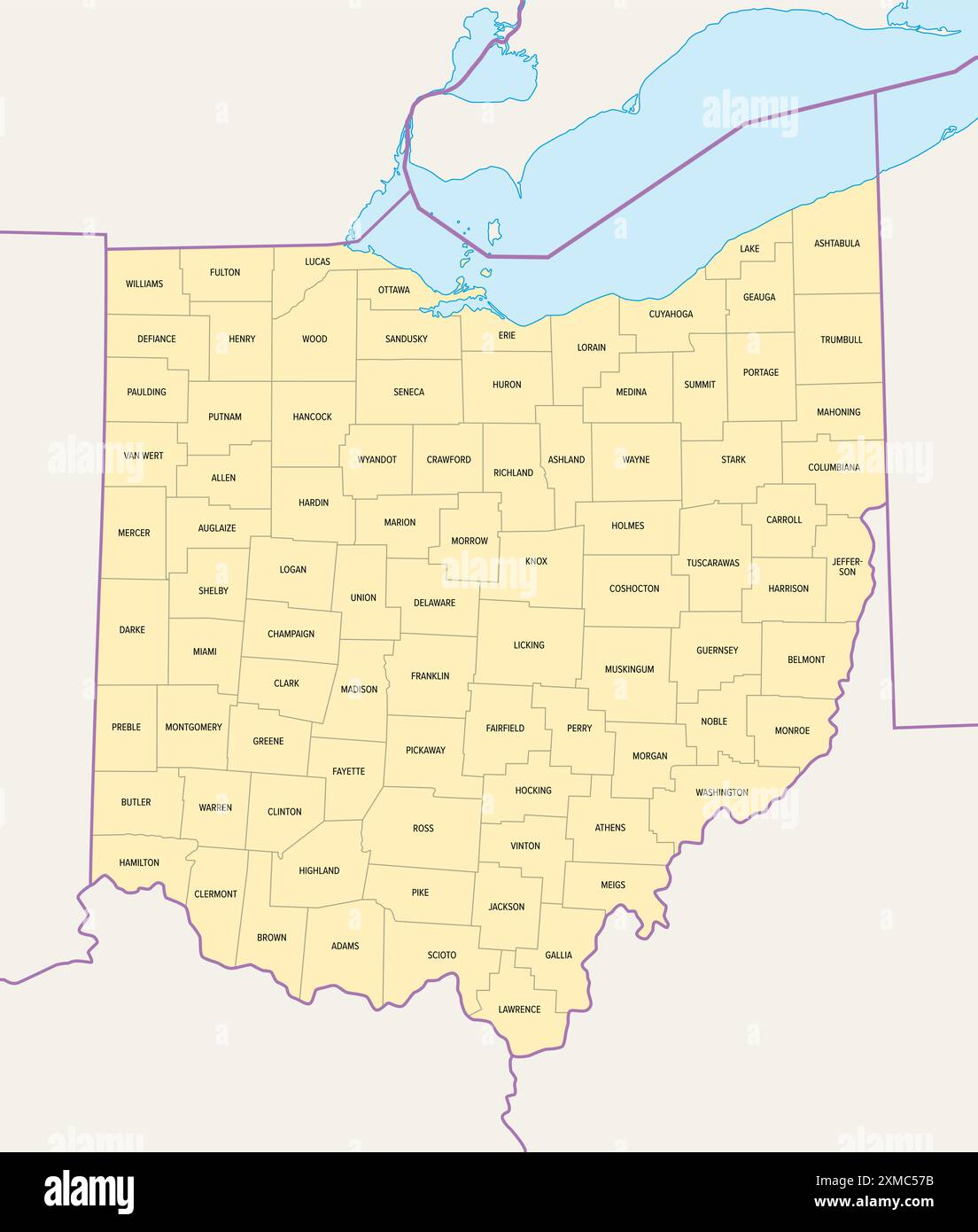 Le contee dell'Ohio, la mappa politica con i confini e i nomi delle contee. Stato nella regione Midwest degli Stati Uniti, suddiviso in 88 contee. Foto Stock