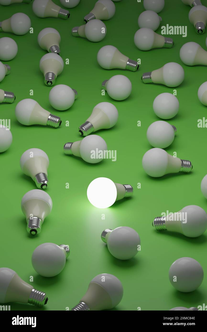 Le lampadine a LED si accendono su uno sfondo verde tra molte altre lampadine non accese. illustrazione 3d. Foto Stock