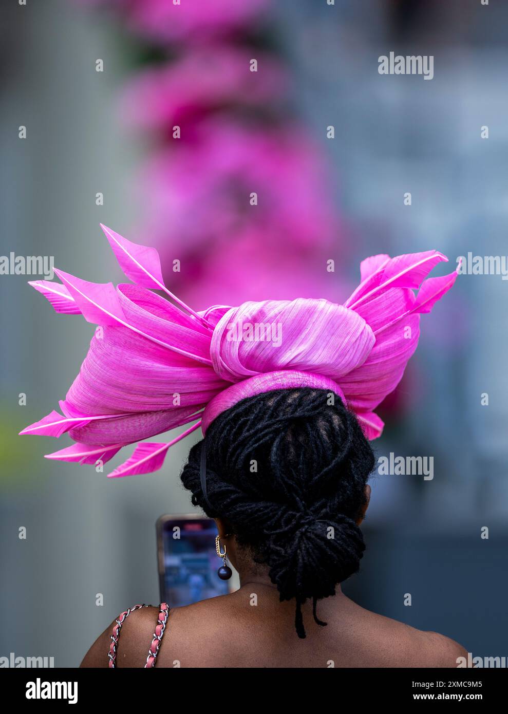 Uno spettatore vestito di rosa durante il QIPCO King George Day all'Ascot Racecourse, Berkshire. Data foto: Sabato 27 luglio 2024. Foto Stock