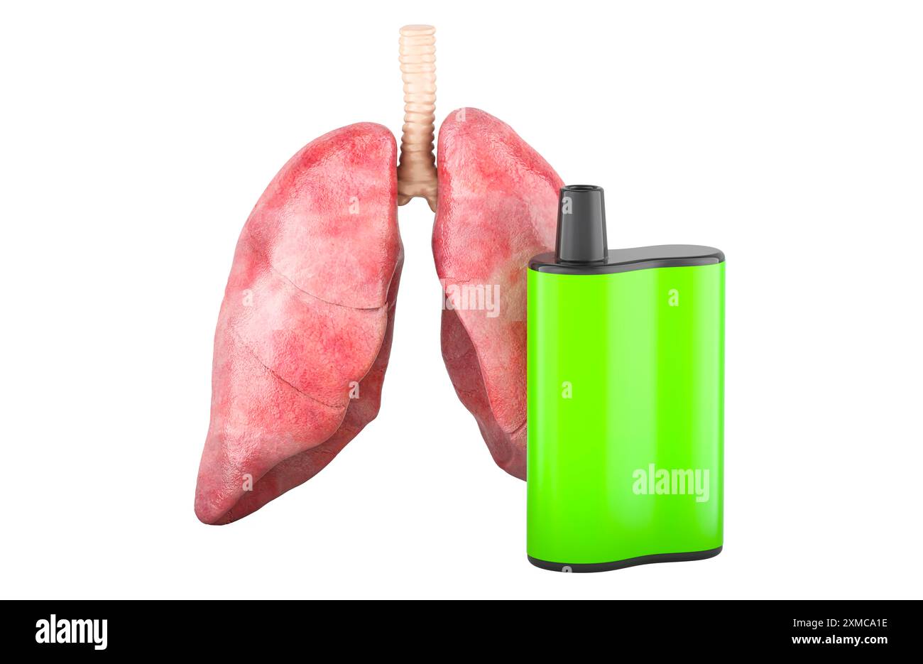 Malattia polmonare dal fumo, concetto. svapo monouso con polmoni. Rendering 3D isolato su sfondo bianco Foto Stock