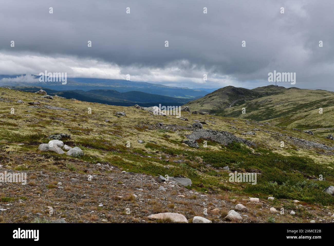 Dovrefjell in un giorno d'estate nuvoloso. Forti nuvole di pioggia sopra il bellissimo paesaggio. Foto Stock