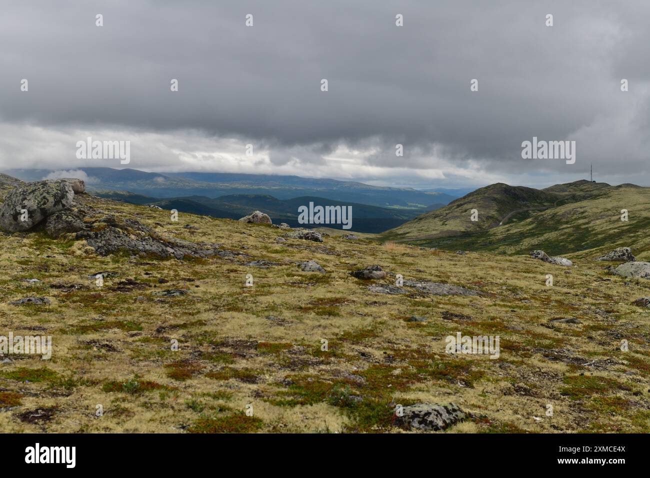 Uno scorcio del sole lontano nel vasto paesaggio montano di Dovrefjell, Norvegia. Foto Stock