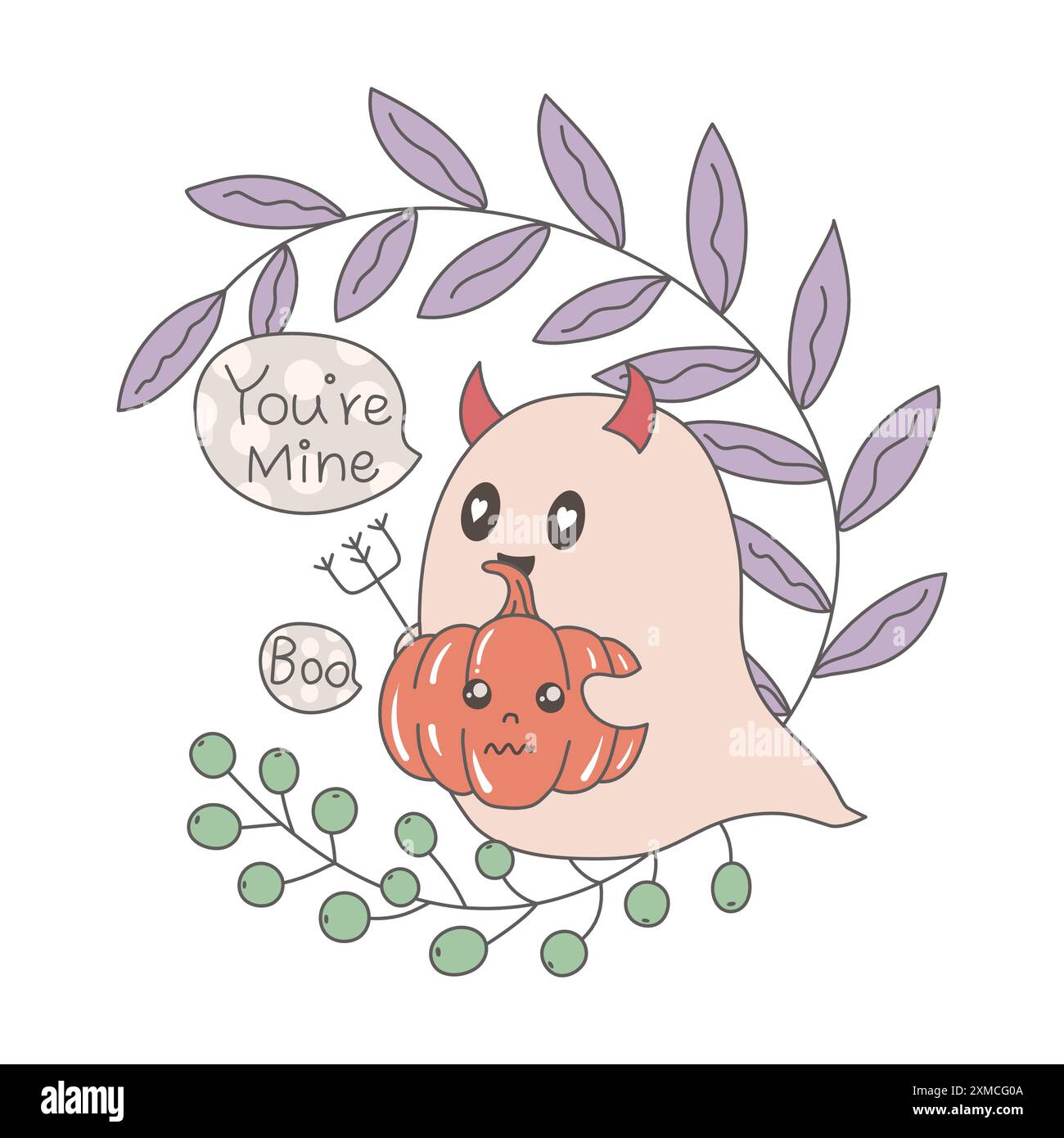 Baby Ghost regge con gioia una Jack-o'-lanterna che dice "Boo" e dice "sei mio" Illustrazione Vettoriale