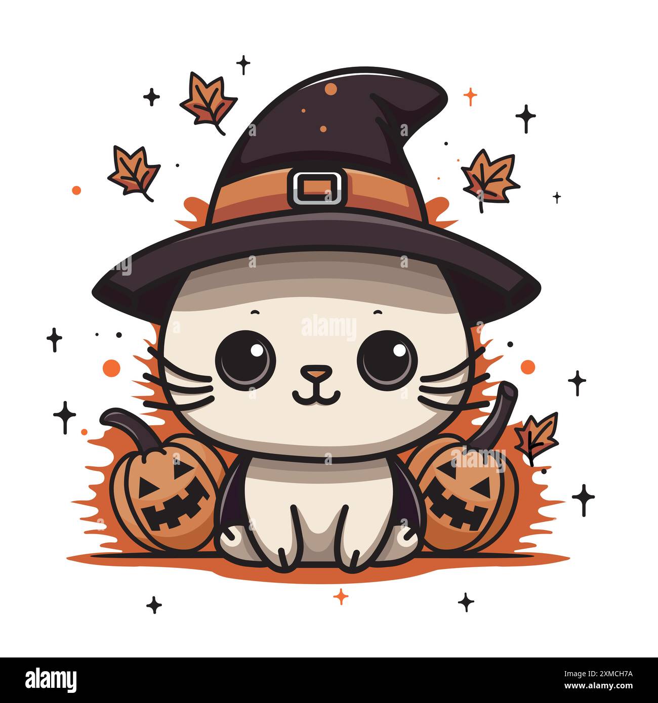 Simpatico gattino che indossa un cappello da strega seduto tra le jack-o-Lanterne di Halloween Illustrazione Vettoriale