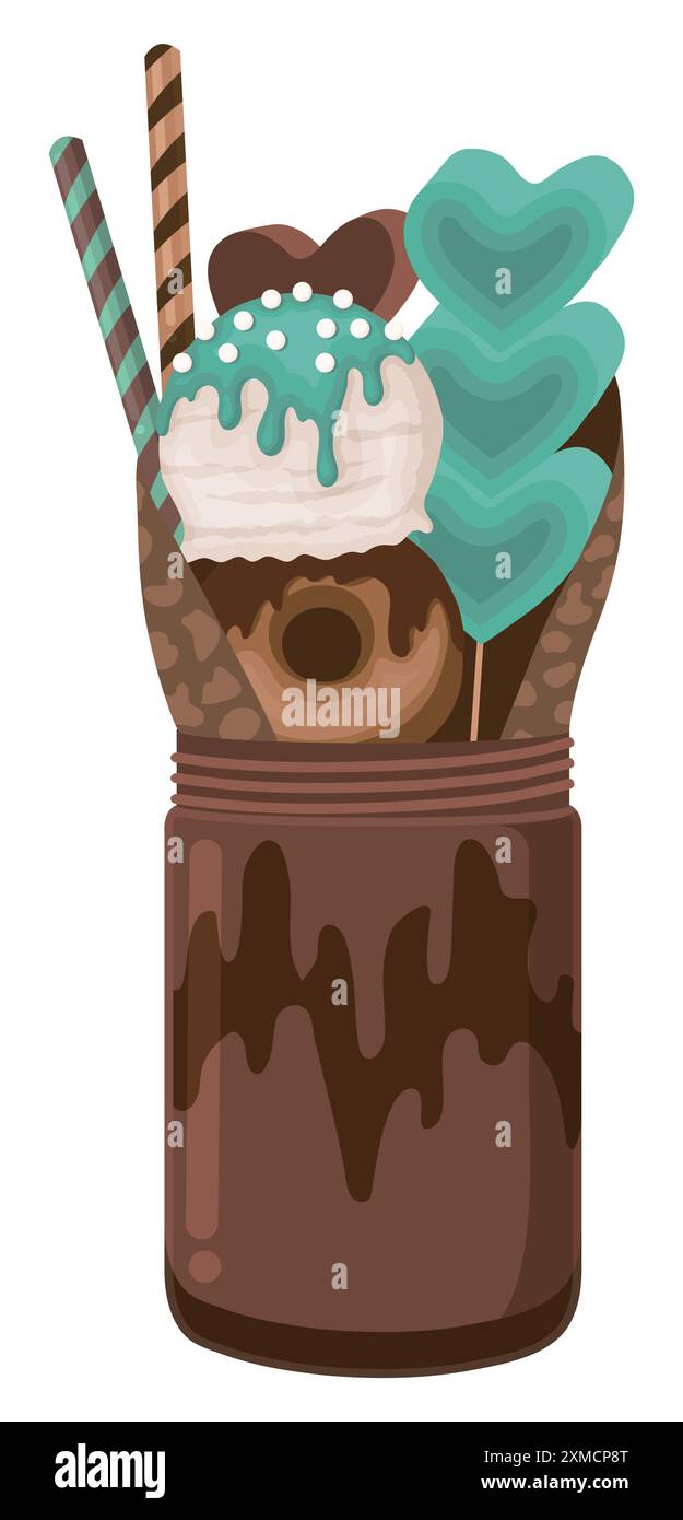 Monster Shake con frullato al cioccolato in bottiglia, ricoperto di cono per waffle, marshmallow a cuore verde, ciambella al cioccolato, gelato alla vaniglia, wafer arrotolato Illustrazione Vettoriale