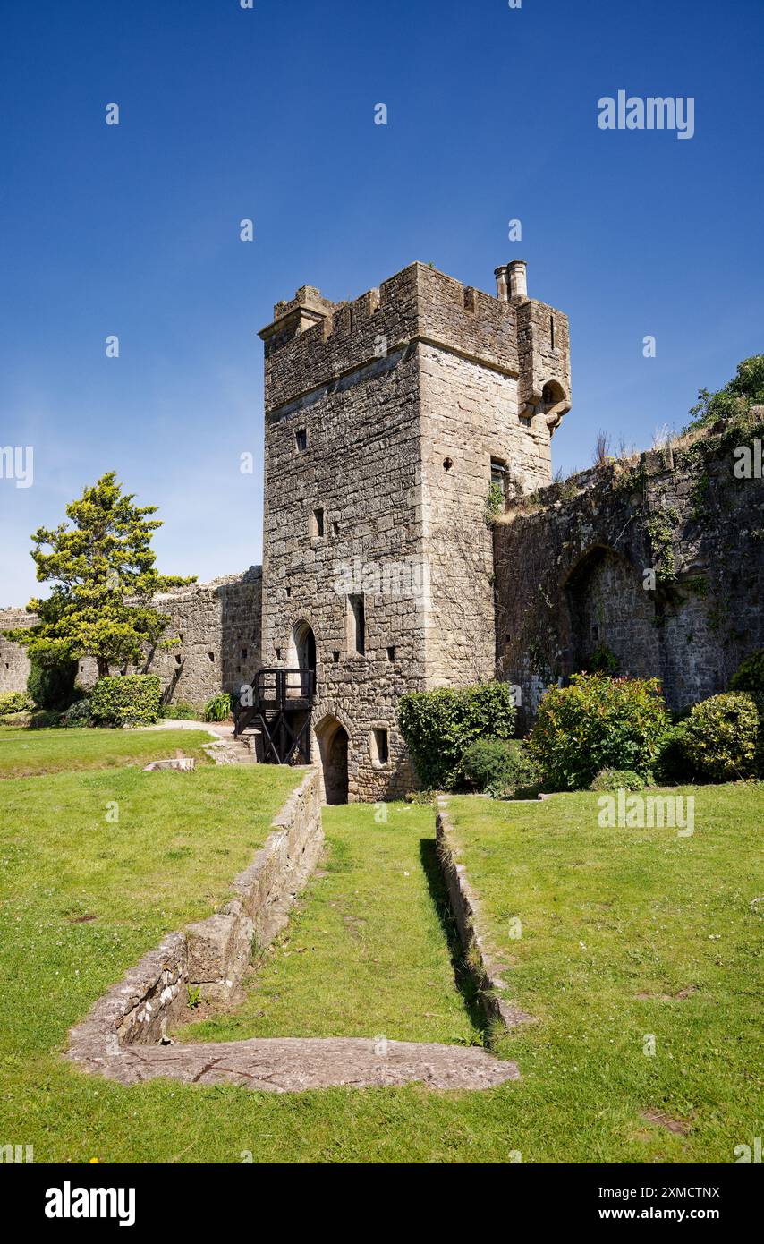 Il castello di Caldicott si crogiola al sole d'estate gallese Foto Stock