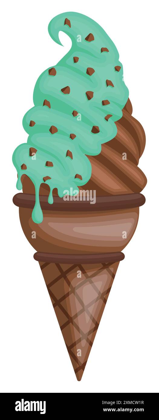 Gelato al cioccolato in un cono morbido al cioccolato con sciroppo di menta verde cosparso di arachidi Illustrazione Vettoriale