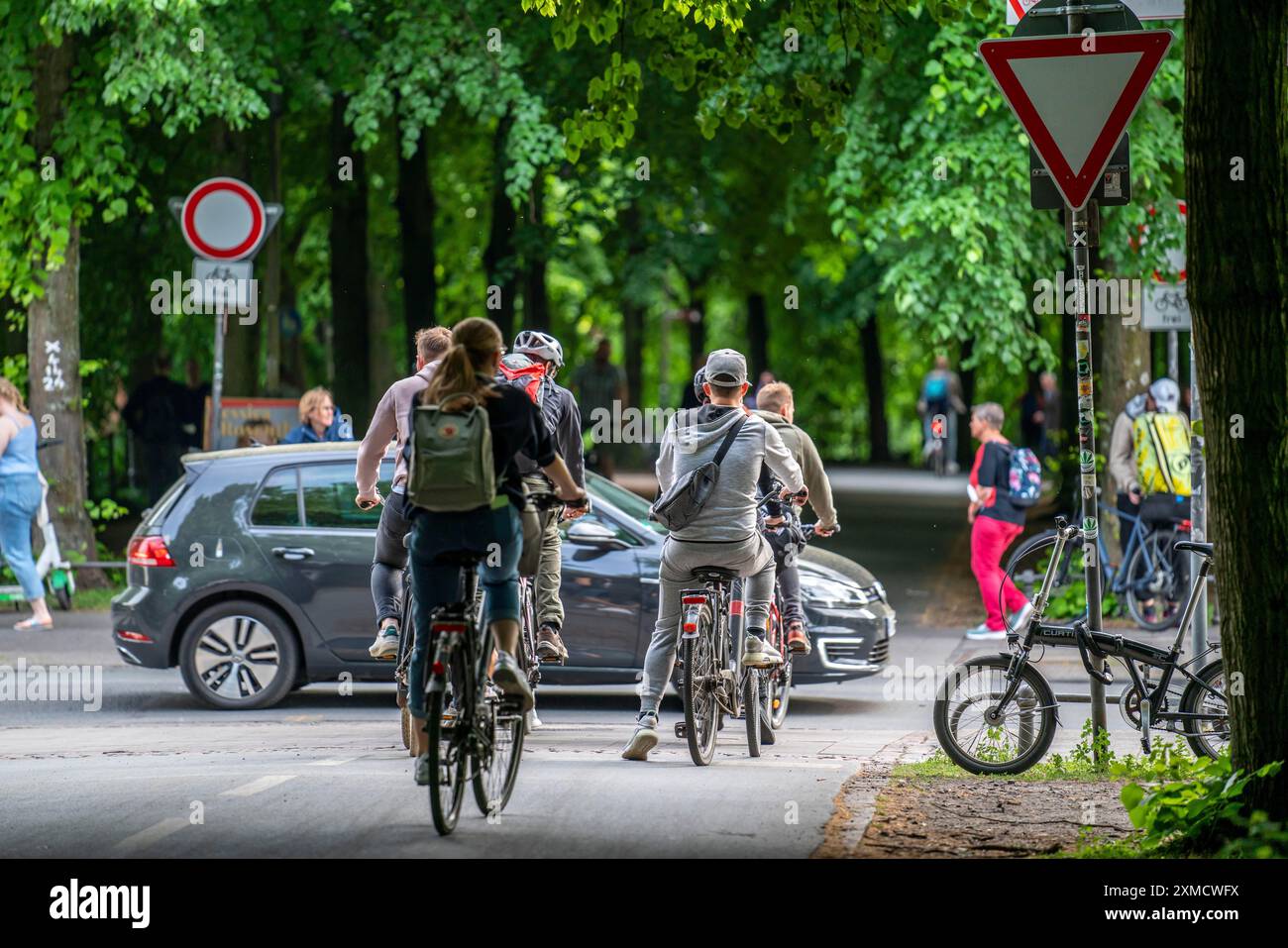 Uno dei 4 attraversamenti stradali della pista ciclabile Promenade, una circonvallazione alberata, senza auto, lunga circa 4,5 km intorno al centro della città di Muenster Foto Stock