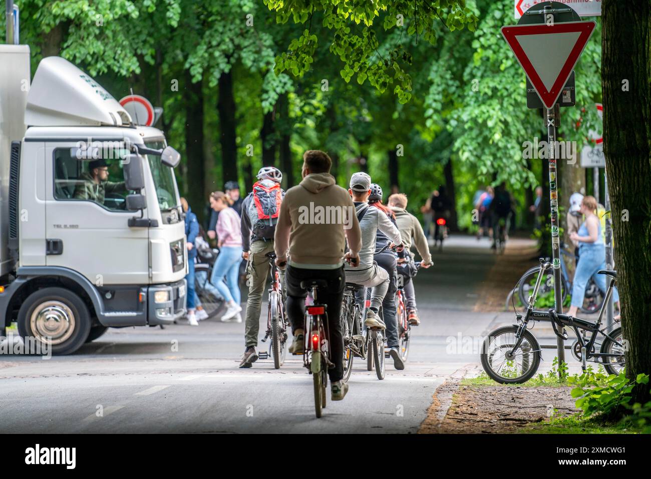 Uno dei 4 attraversamenti stradali della pista ciclabile Promenade, una circonvallazione alberata, senza auto, lunga circa 4,5 km intorno al centro della città di Muenster Foto Stock