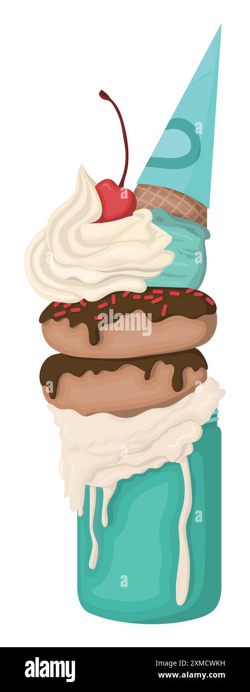 Monster Shake con panna che scorre su una bottiglia di frullato verde, ricoperta di ciambelle al cioccolato, panna montata, ciliegie e menta morbida al rovescio Illustrazione Vettoriale