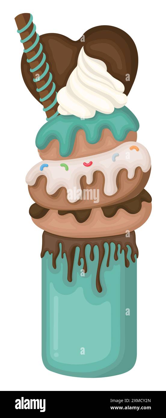 Una bottiglia di frullato verde con sciroppo di cioccolato che scorre sopra di esso, ricoperta di cioccolato, glassata, ciambelle gocciolanti di sciroppo verde, panna montata e due tipi Illustrazione Vettoriale