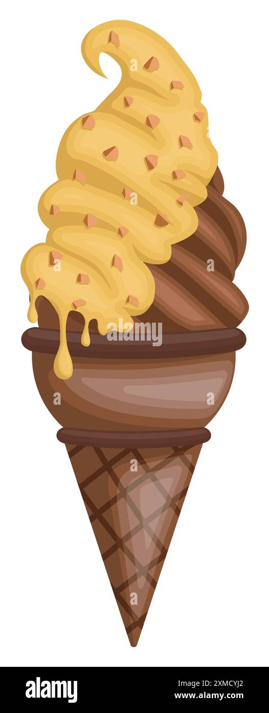 Gelato al cioccolato in un cono morbido al cioccolato con sciroppo giallo cosparso di arachidi Illustrazione Vettoriale
