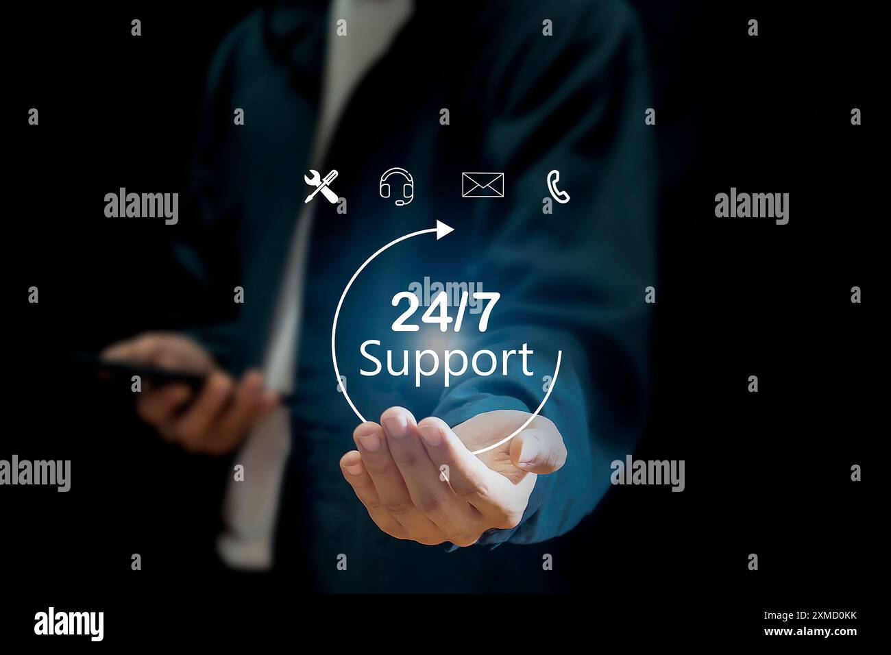 Servizio 24/7, servizio post-vendita concept negozio online nel servizio online 24/7 con accesso 24 ore su 24 a un servizio clienti globale a tempo pieno. Foto Stock