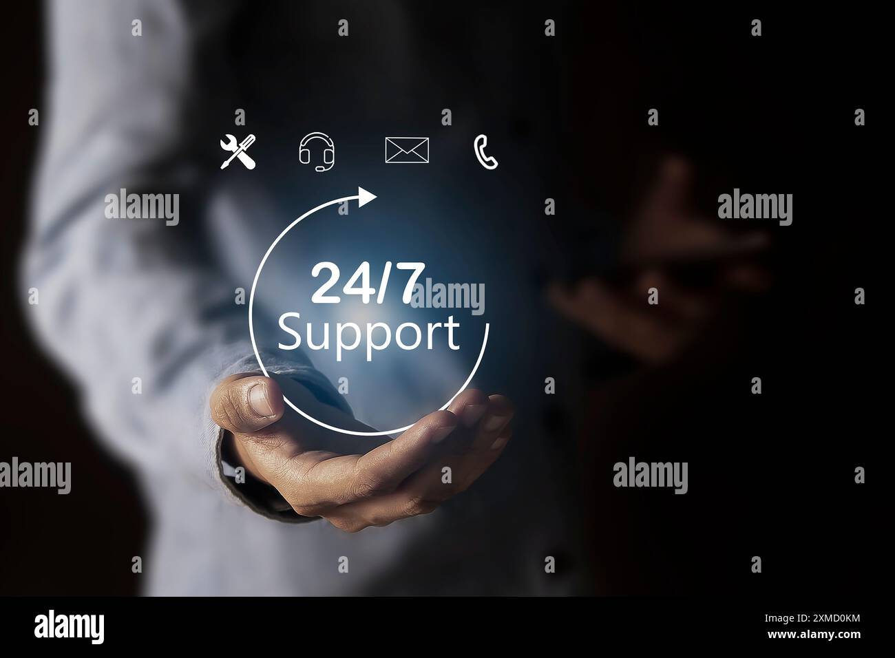 Servizio 24/7, servizio post-vendita concept negozio online nel servizio online 24/7 con accesso 24 ore su 24 a un servizio clienti globale a tempo pieno. Foto Stock