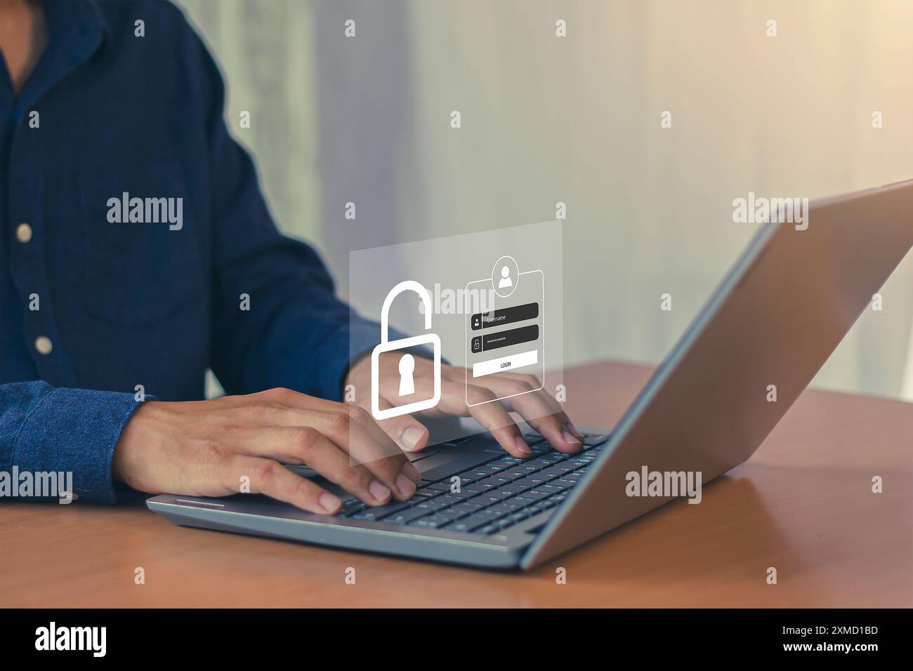 L'utente digita l'accesso e la password. Protezione dei dati e accesso a Internet sicuro Cyber ​​security, concetti di sicurezza informatica Foto Stock