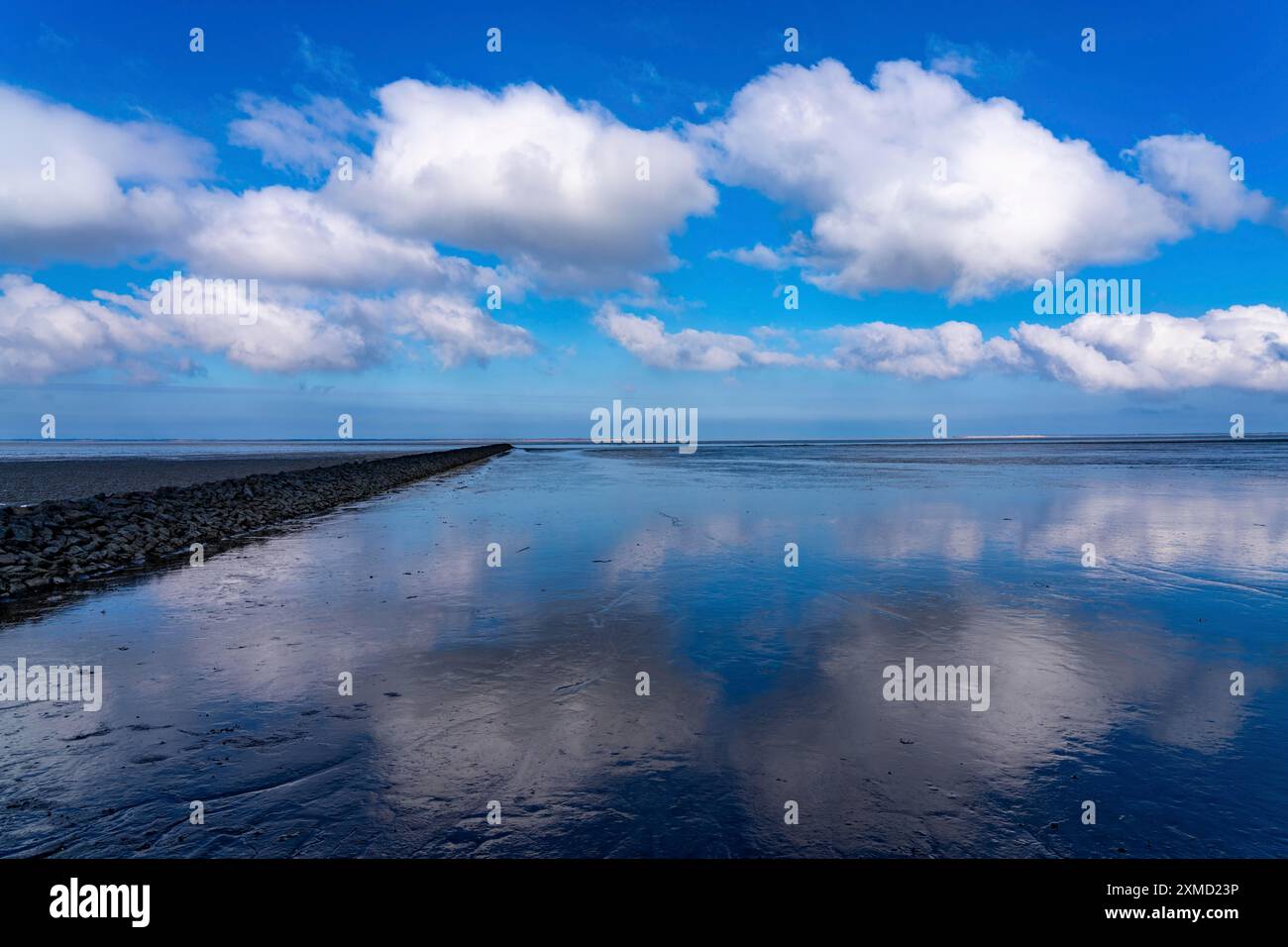 Il Mare dei Wadden, la Frisia orientale, tra Bensersiel e Neuharlingersiel, Breakwater dietro la diga, bassa Sassonia, Scalinate, Germania Foto Stock