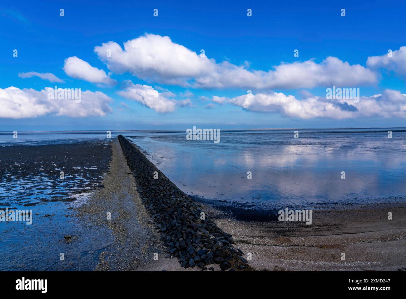 Il Mare dei Wadden, la Frisia orientale, tra Bensersiel e Neuharlingersiel, Breakwater dietro la diga, bassa Sassonia, Scalinate, Germania Foto Stock