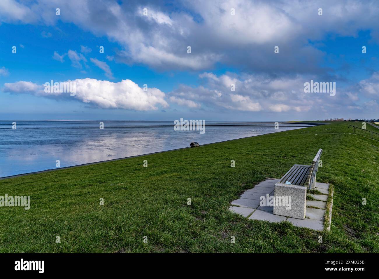 Il Mare dei Wadden, la Frisia orientale, tra Bensersiel e Neuharlingersiel, Park panchina sulla diga, bassa Sassonia, scale, Germania Foto Stock