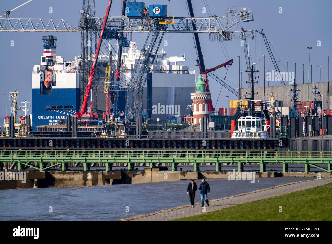 Nave portaerei, GOLIATH LEADER, presso il terminal merci generale, Columbuskaje, gru portuali, Pingelturm storica, diga Weser, nel porto marittimo di Foto Stock