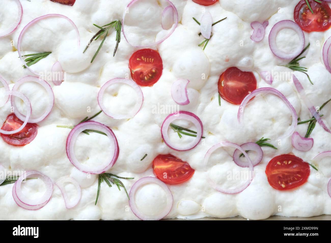 Primo piano focaccia della cucina italiana pronta per la cottura con pomodori, rosmarino, cipolla viola. vista dall'alto. Pane a lievitazione naturale sano Foto Stock