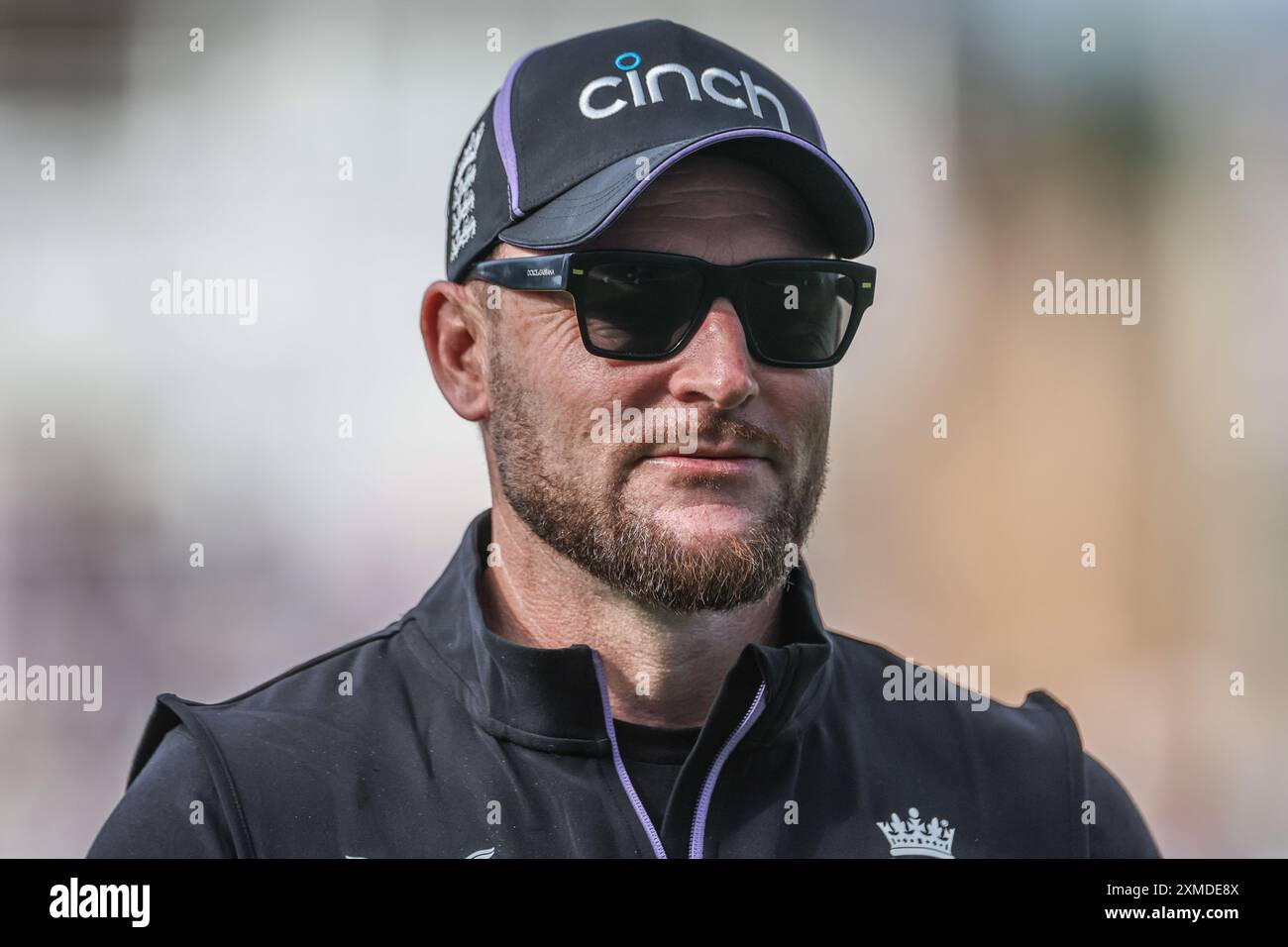 Brendon McCullum durante il secondo giorno del Rothesay test Match Inghilterra vs Indie occidentali a Edgbaston, Birmingham, Regno Unito, 27 luglio 2024 (foto di Mark Cosgrove/News Images) Foto Stock