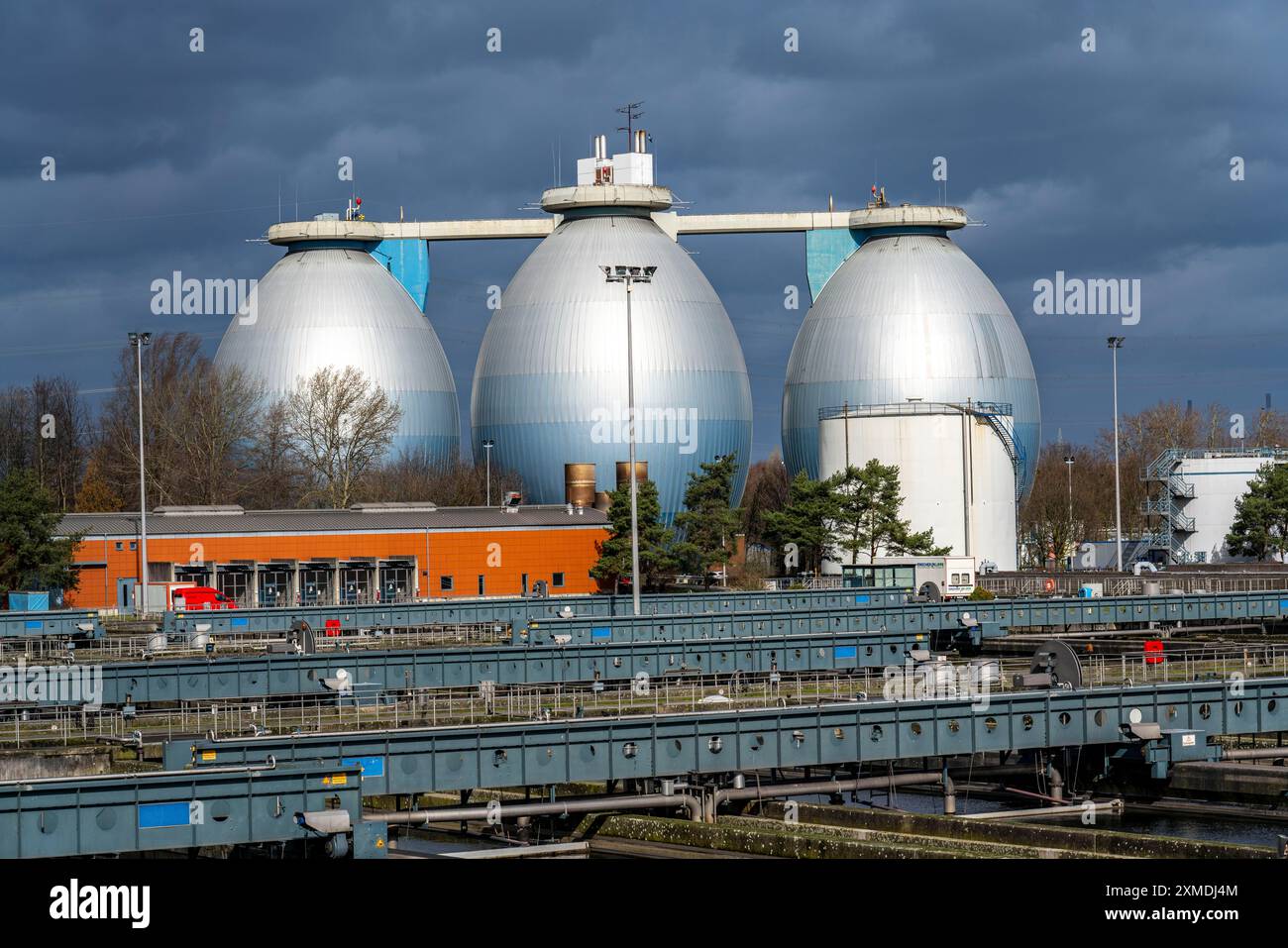 Digestori e chiarificatori secondari, impianto di trattamento delle acque reflue Emschergenossenschaft nel Weilheimer Mark a Bottrop, Renania settentrionale-Vestfalia Foto Stock
