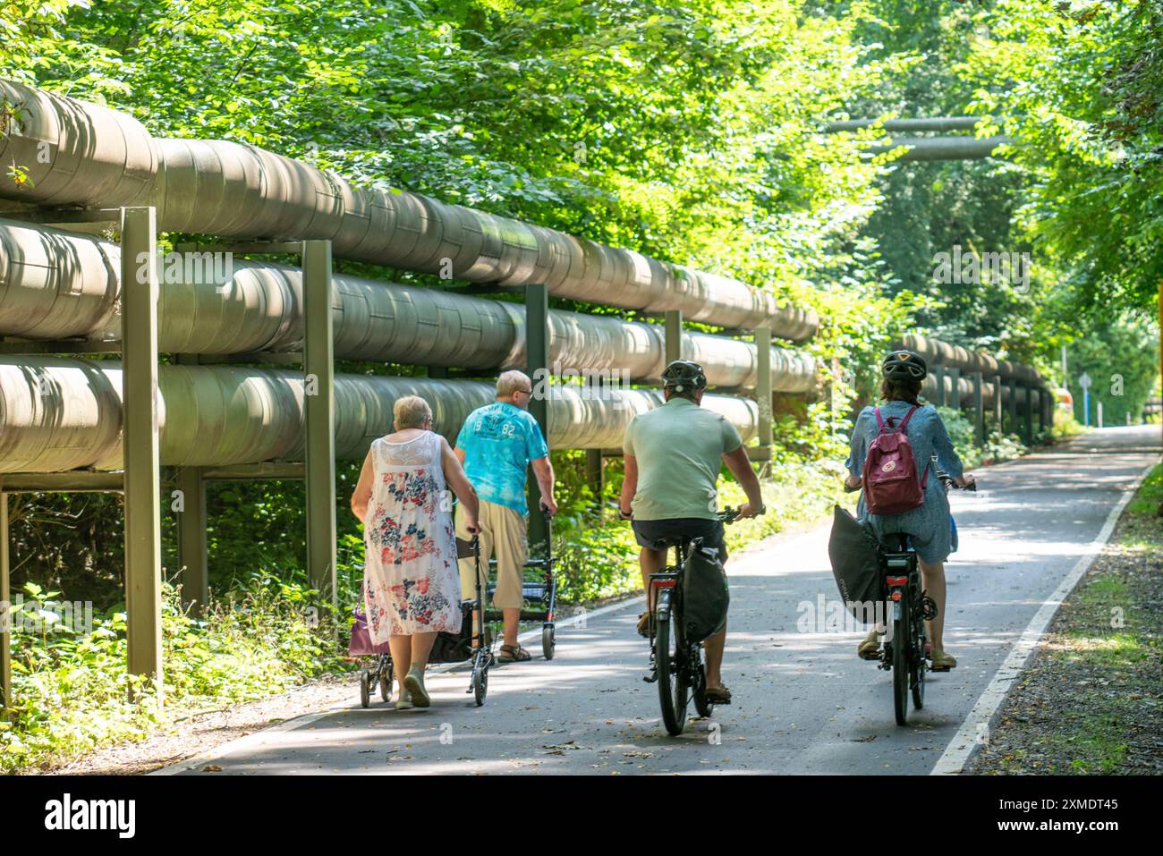 Lothringentrasse, a nord di Bochum, Bochum-Grumme, linee di teleriscaldamento, anziani con rollator a piedi, ex linea ferroviaria Foto Stock
