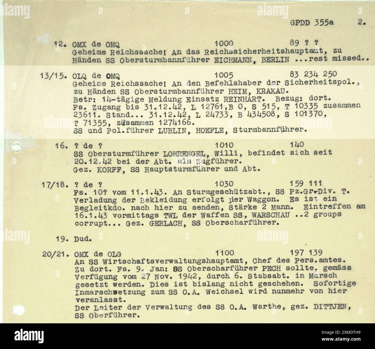 Il famoso telegramma di Höfle, che racconta il numero di persone uccise nei campi di sterminio nazisti al 31 dicembre 1942. La linea 13 dice segreto di Stato! Al comandante della polizia di sicurezza, all'attenzione dell'Obersturmbannfuhrer HEIM, CRACOVIA. Oggetto: 14 giorni di rapporto operazione REINHARD. Arrivi registrati fino al 31 dicembre 42, L 12761, B 0, S 515, T 10335, per un totale di 23611. Situazione globale 31 dicembre 42, L 24733, B 434508, S 101370, T 71355, per un totale di 1274166. In questo documento L=Maindanek, B=Belzec e T=Treblinka. Foto Stock