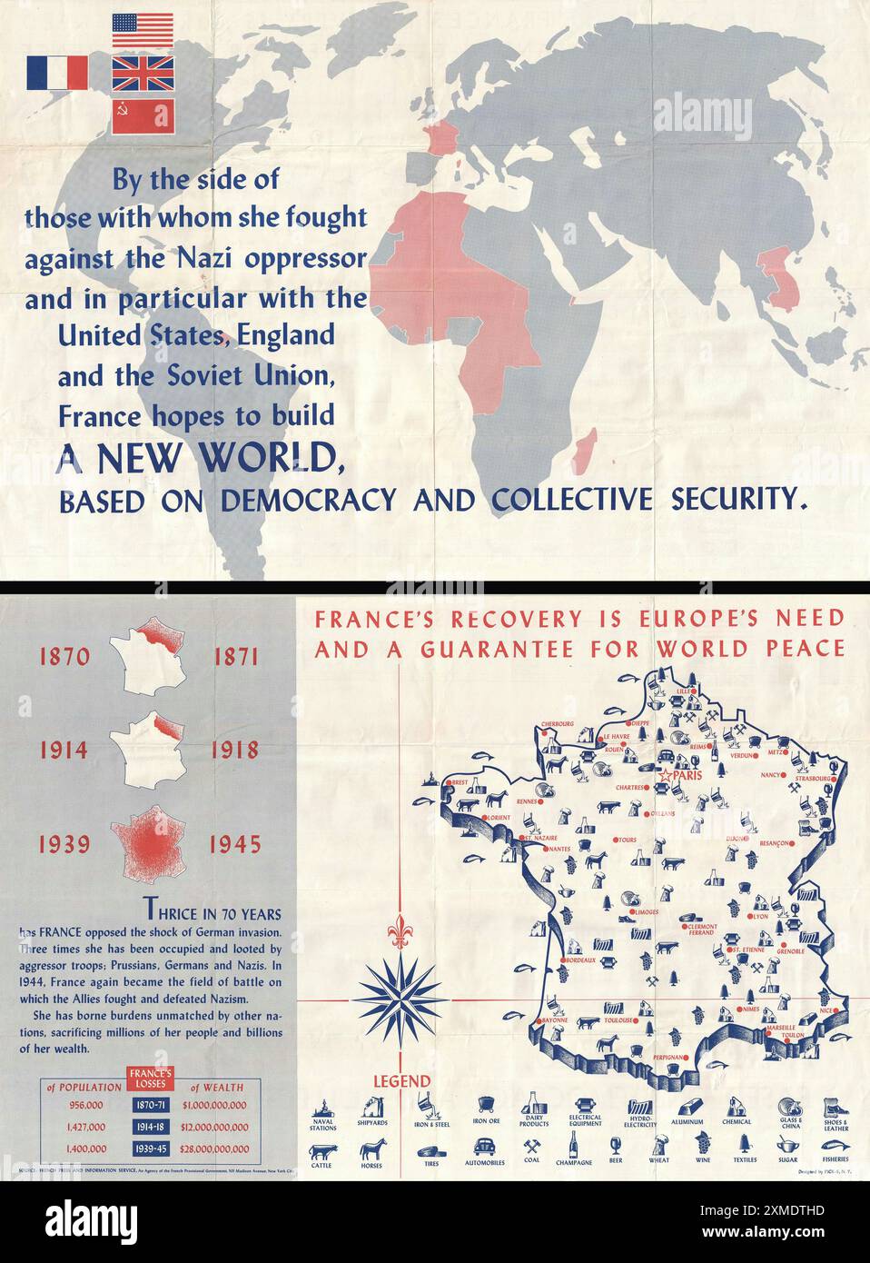Un poster di propaganda francese del dopoguerra. Mostra le industrie chiave della Francia e trasmette il messaggio che la Francia svolge un ruolo centrale, insieme a Regno Unito, URSS e Regno Unito, nella costruzione di un'Europa democratica e alleata. Foto Stock