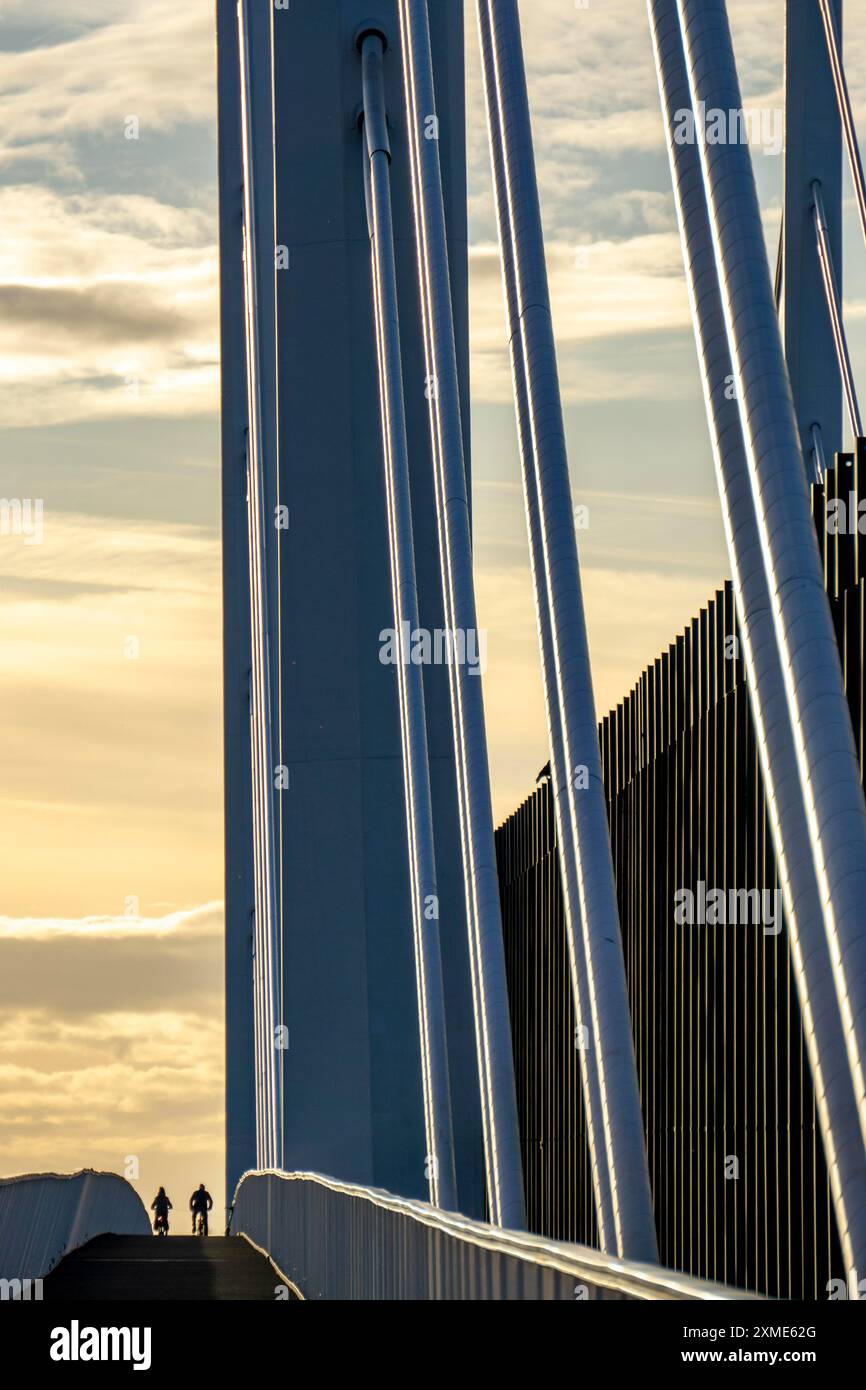 Pista ciclabile e pedonale del ponte A40 Neuenkamp, moli e cavi di collegamento del nuovo ponte autostradale sul Reno vicino a Duisburg, il vecchio ponte è Foto Stock