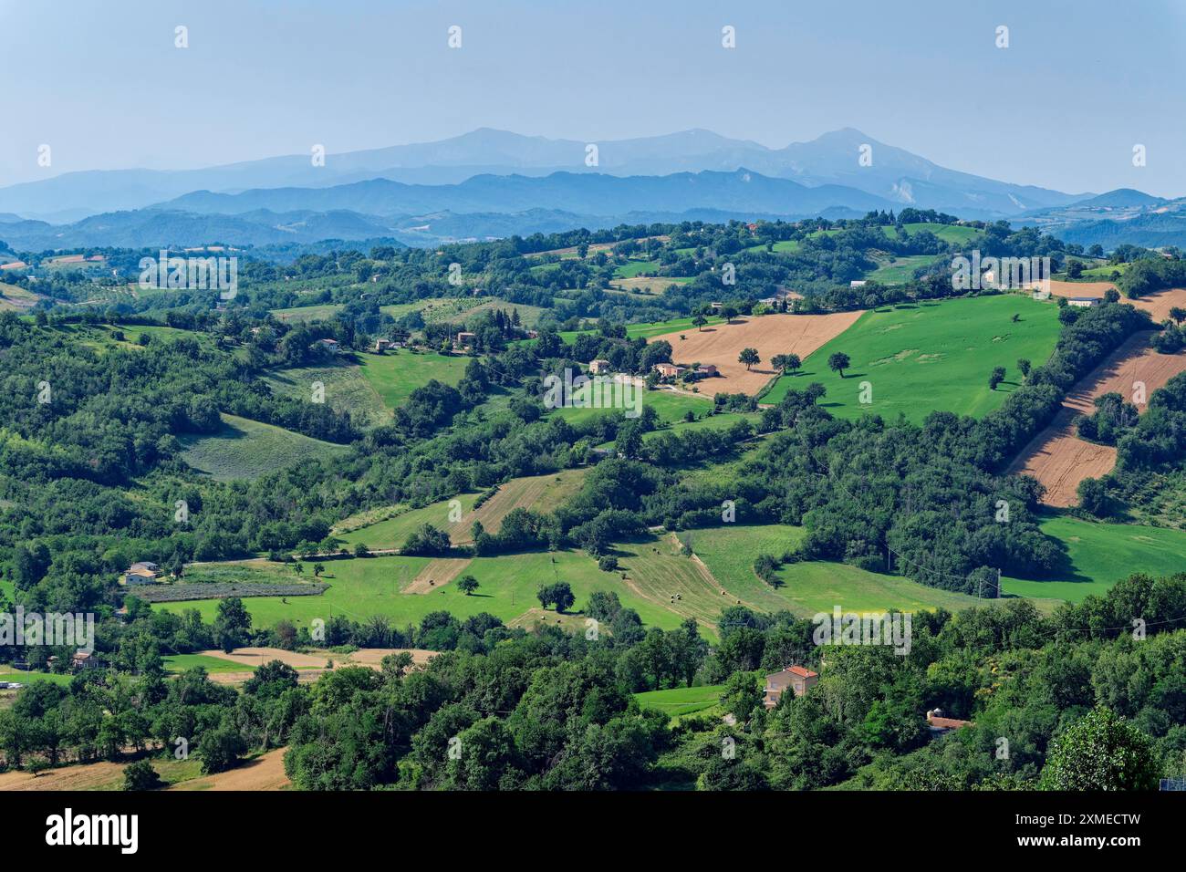 Paesaggio marchigiano vicino a San Ginesio e sullo sfondo la catena montuosa dell'Appennino marchigiano Foto Stock