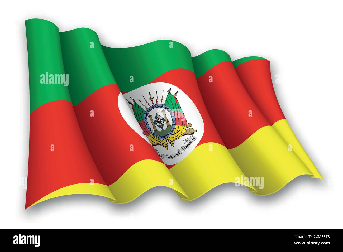 Realistica bandiera sventolante del Rio grande do sul, stato del Brasile, isolata su sfondo bianco Illustrazione Vettoriale