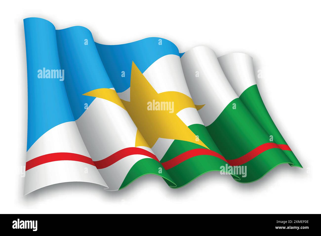 Realistica bandiera ondeggiante di Roraima, stato del Brasile, isolata su sfondo bianco Illustrazione Vettoriale
