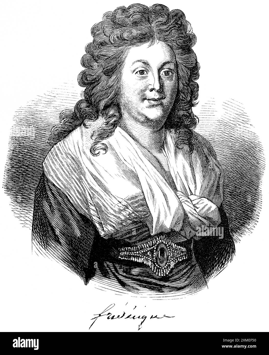 Ritratto della regina Friederike Luise, ex Luisa d'Assia-Darmstadt, moglie del re Federico Guglielmo II, riccioli, sorriso, gioielli, abito, firma Foto Stock