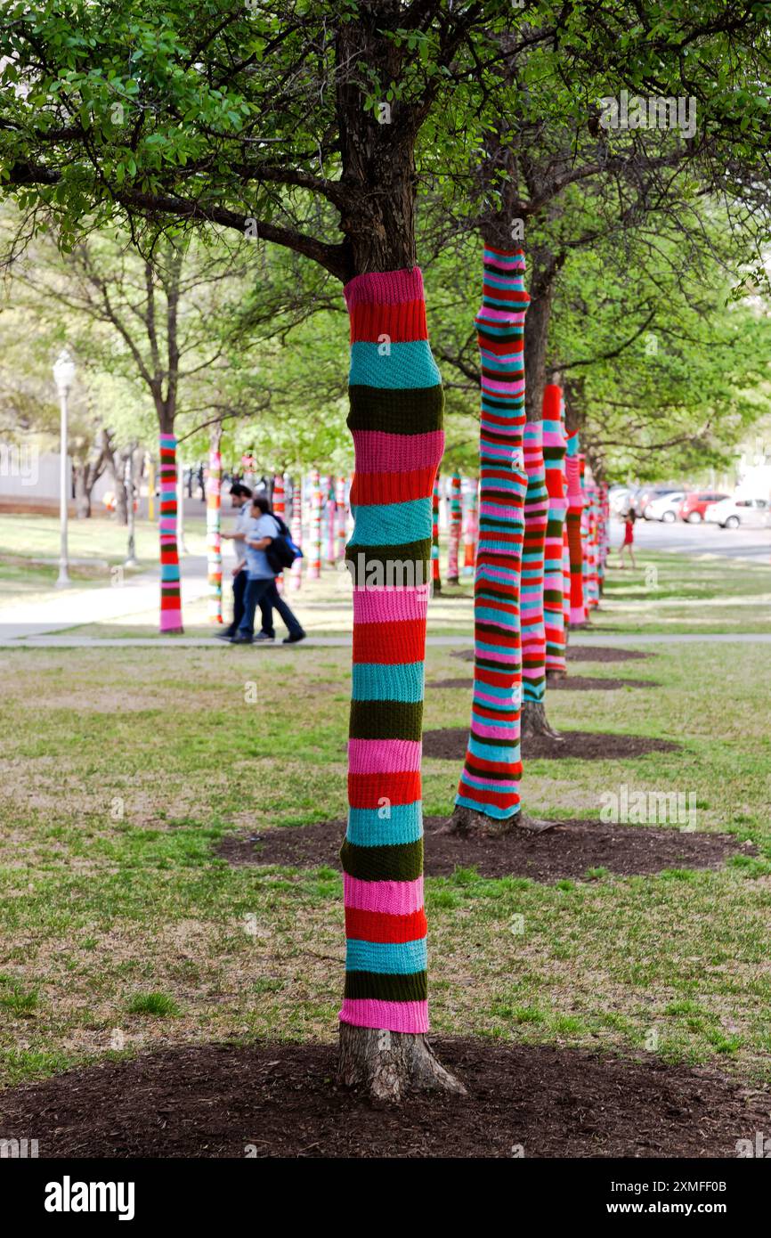 Alberi bombardati a maglia, Larry & Mary Ann Faulkner, Blanton Museum of Art, Students Walking, University of Texas, Austin, Texas, Stati Uniti. Foto Stock