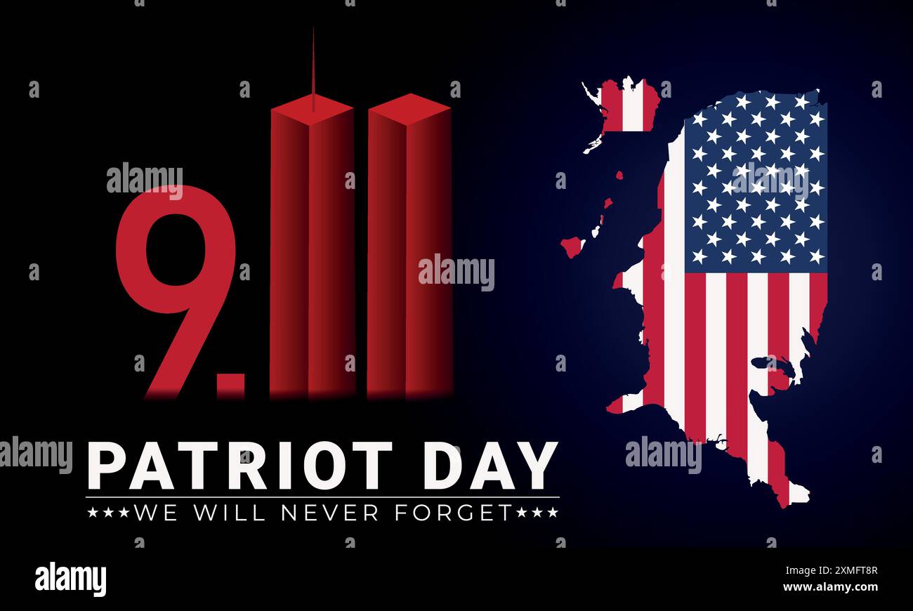 9-11 USA Patriot Day background, 11 settembre. Non lo dimenticheremo mai. Twin Towers a New York e mappa americana con bandiera nazionale Illustrazione Vettoriale