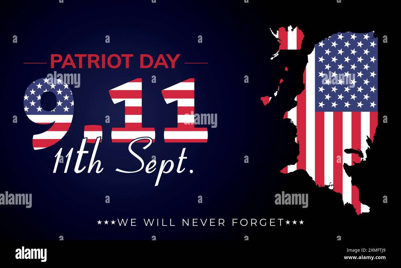 9-11 USA Patriot Day background, 11 settembre. "Non dimenticheremo mai". Mappa americana con bandiera nazionale, giornata nazionale della memoria Illustrazione Vettoriale