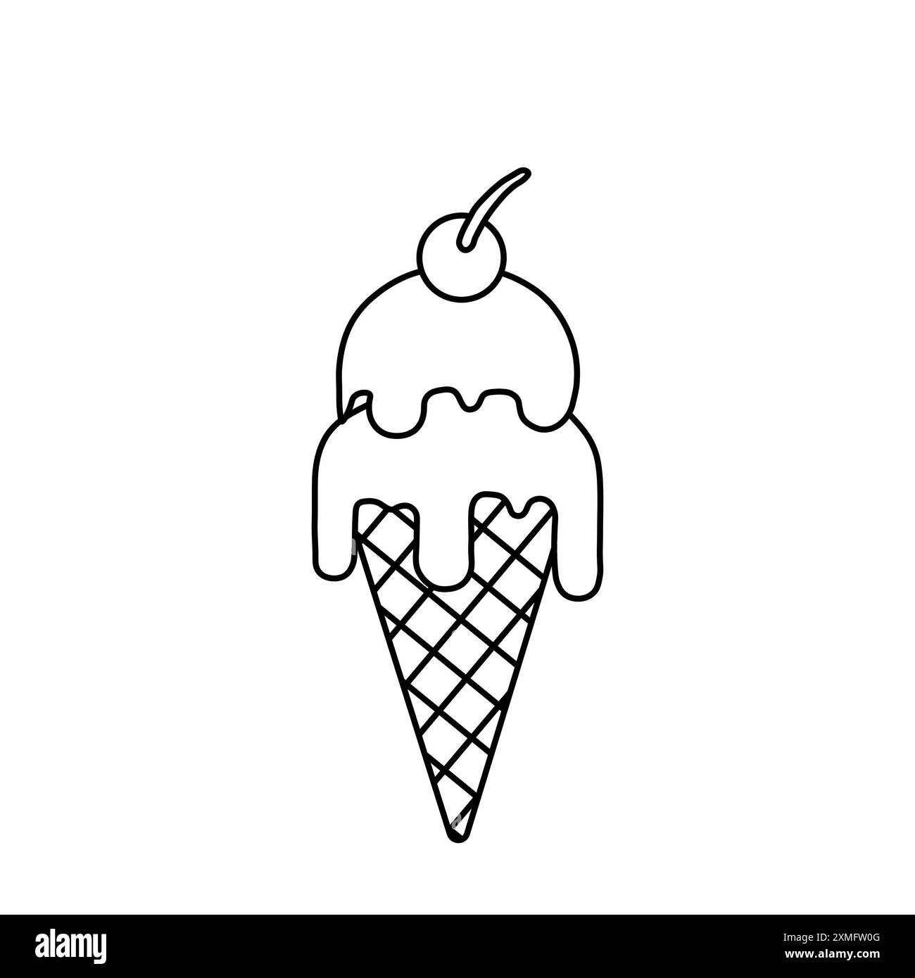 Gelato a cono con una ciliegia sopra. Il gelato si sta sciogliendo, i disegni dei profili del gelato, il tratto modificabile Illustrazione Vettoriale