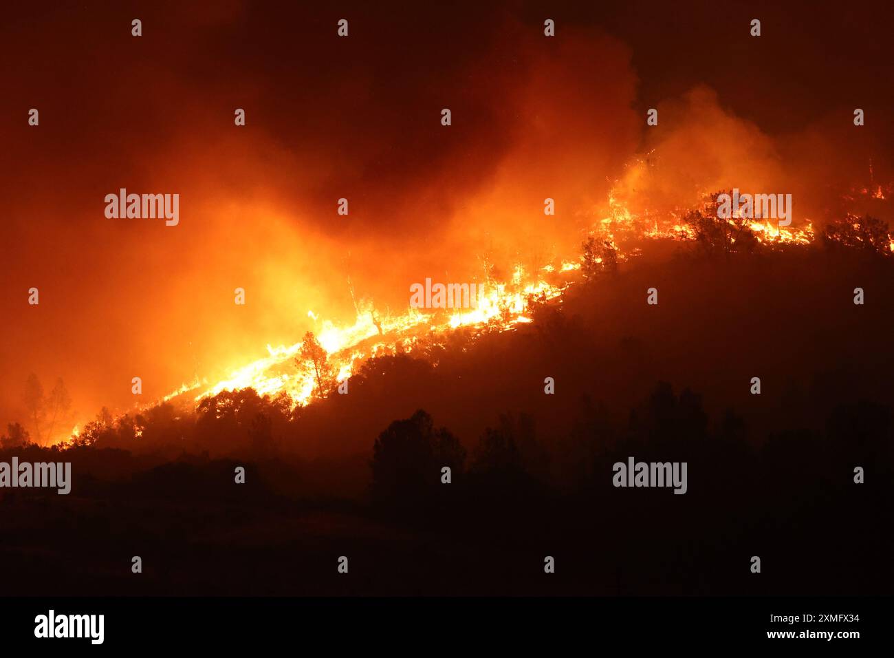 Le foto mostrano i vigili del fuoco che combattono contro le fiamme il 26 luglio 2024 in California, USA. Il più grande incendio attivo della California è esploso di dimensioni venerdì sera, crescendo rapidamente in mezzo al combustibile secco e minacciando migliaia di case mentre i vigili del fuoco si sono messi in difficoltà per affrontare il pericolo. L'intensità e la rapida diffusione del fuoco del Parco portarono i vigili del fuoco a fare confronti sgraditi con il mostruoso fuoco del campo, che bruciò fuori controllo nel vicino Paradise nel 2018, uccidendo 85 persone e bruciando 11.000 case. Più di 130 strutture sono state distrutte da questo incendio finora, e altre migliaia rimangono tre Foto Stock