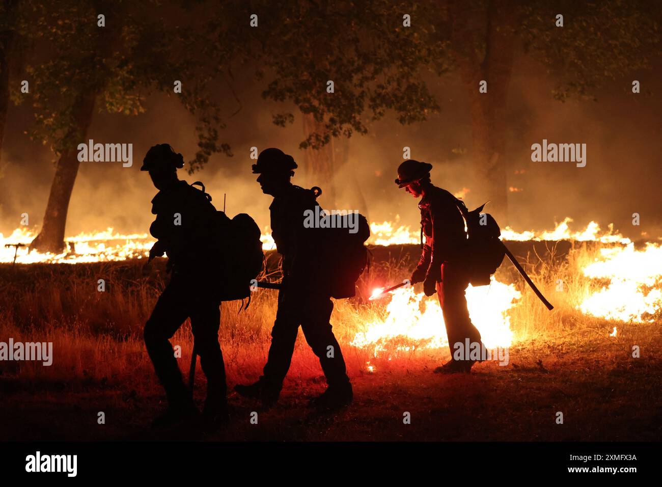 Le foto mostrano i vigili del fuoco che combattono contro le fiamme il 26 luglio 2024 in California, USA. Il più grande incendio attivo della California è esploso di dimensioni venerdì sera, crescendo rapidamente in mezzo al combustibile secco e minacciando migliaia di case mentre i vigili del fuoco si sono messi in difficoltà per affrontare il pericolo. L'intensità e la rapida diffusione del fuoco del Parco portarono i vigili del fuoco a fare confronti sgraditi con il mostruoso fuoco del campo, che bruciò fuori controllo nel vicino Paradise nel 2018, uccidendo 85 persone e bruciando 11.000 case. Più di 130 strutture sono state distrutte da questo incendio finora, e altre migliaia rimangono tre Foto Stock
