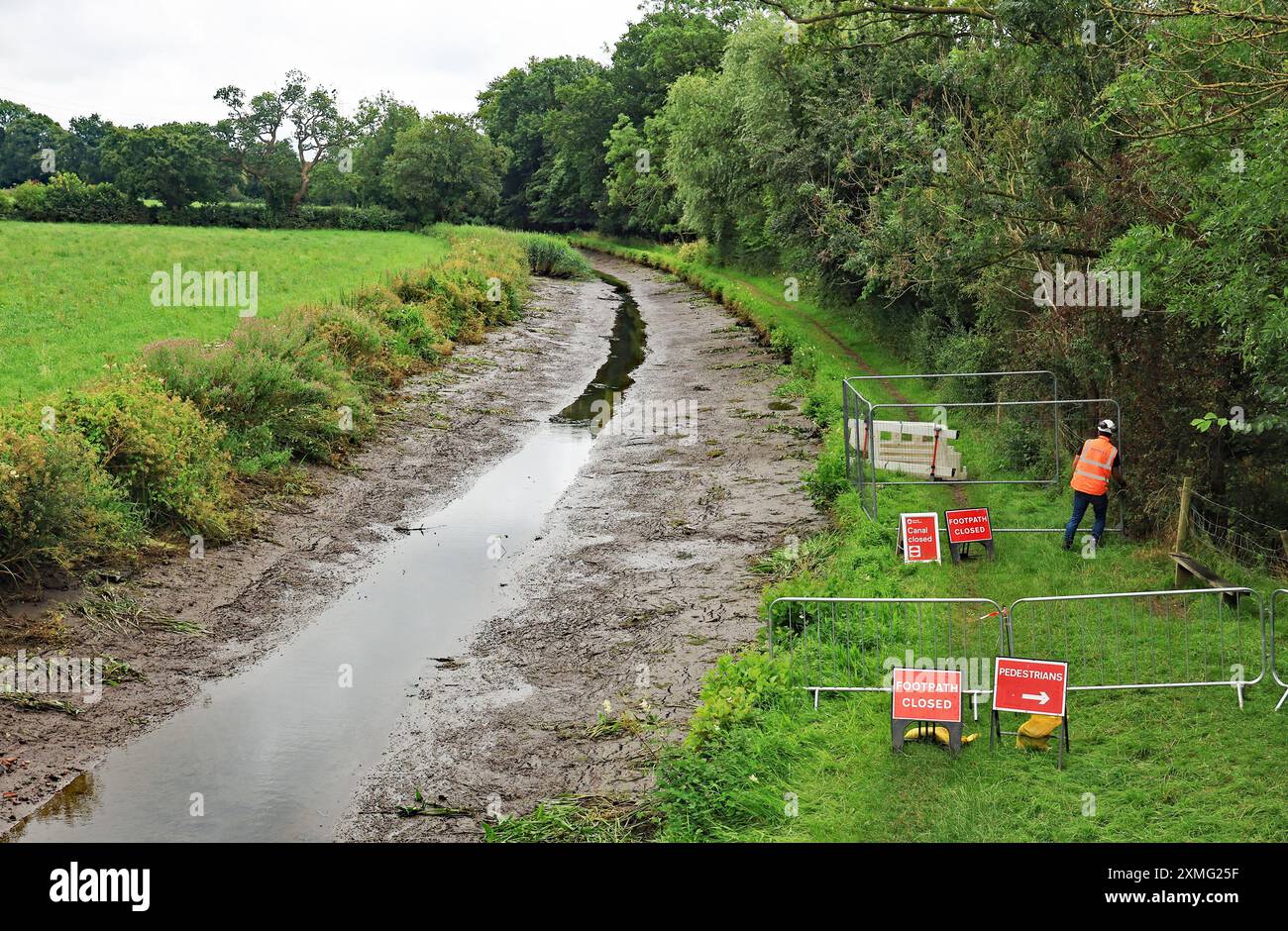 Il canale di Lancaster drenato oltre Hepgreave Bridge a seguito di una breccia che si è verificata nel canale di letto presso l'acquedotto Hollowforth a nord di Preston Foto Stock