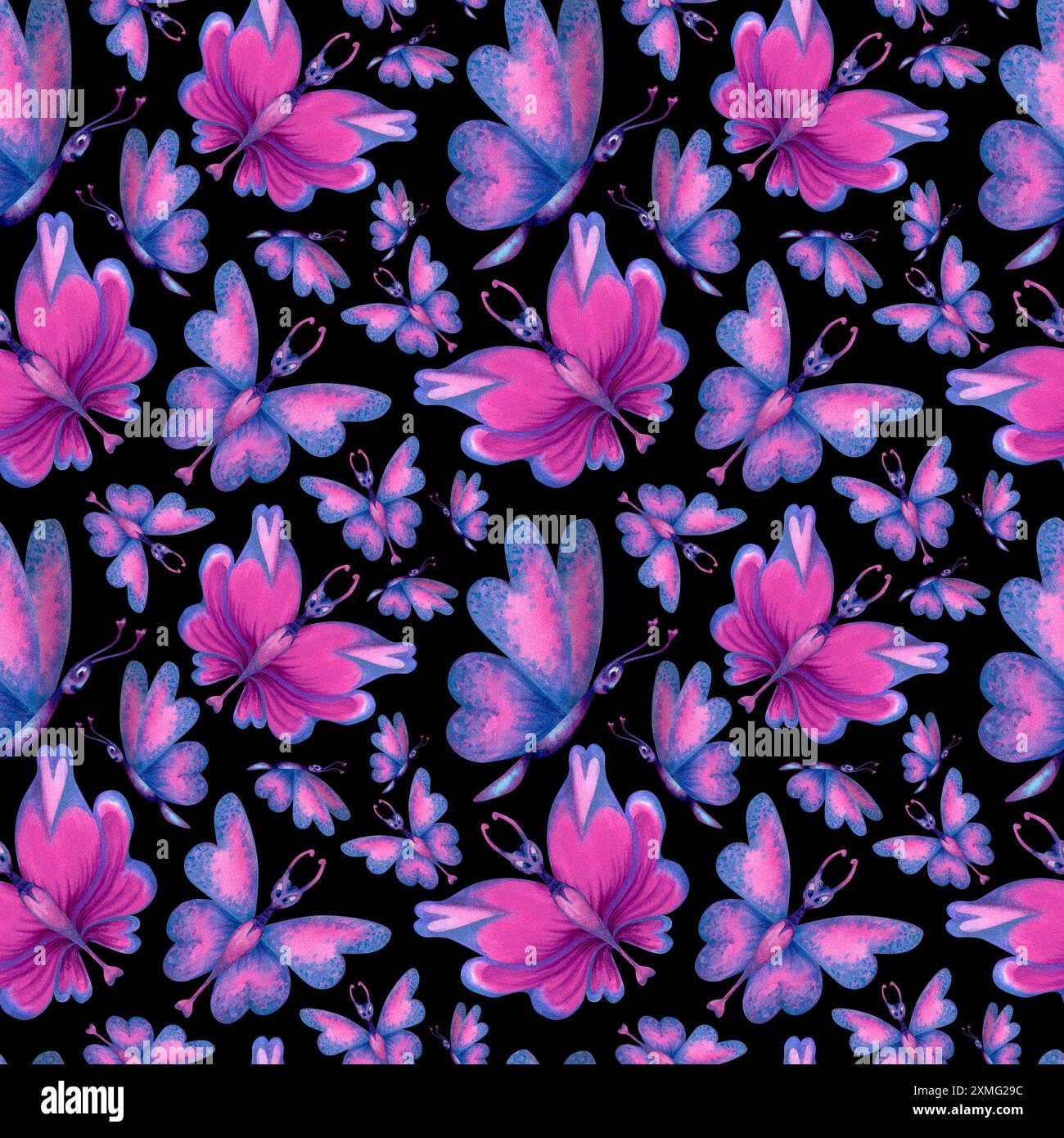 Motivo senza cuciture di farfalle olografiche con cuori rosa sulle ali, foglie tropicali blu-verdi per la vacanza d'amore, il matrimonio, San Valentino da Foto Stock