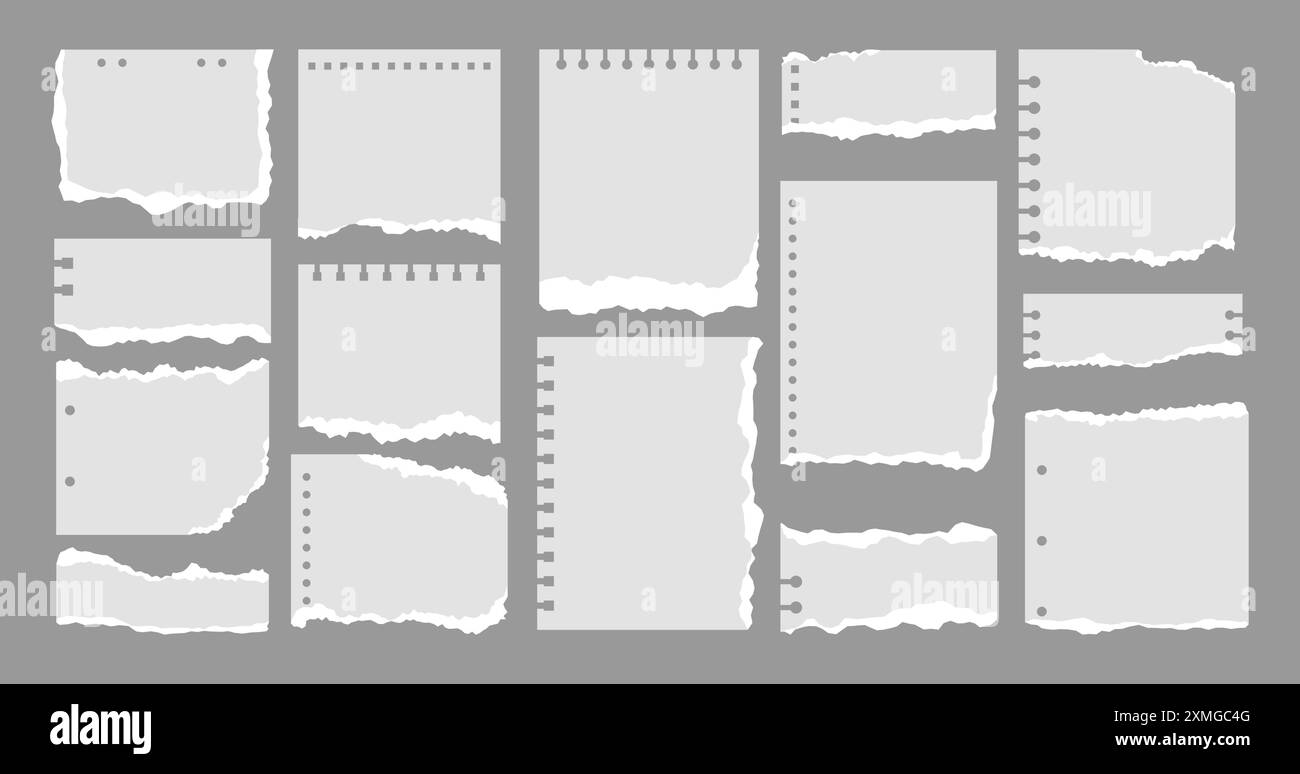 Set di vari fogli per notebook strappati. Note di carta strappata bianche e grigie, adesivi, fogli adesivi e nastro adesivo. Illustrazione vettoriale in stile piatto. Alla moda Illustrazione Vettoriale