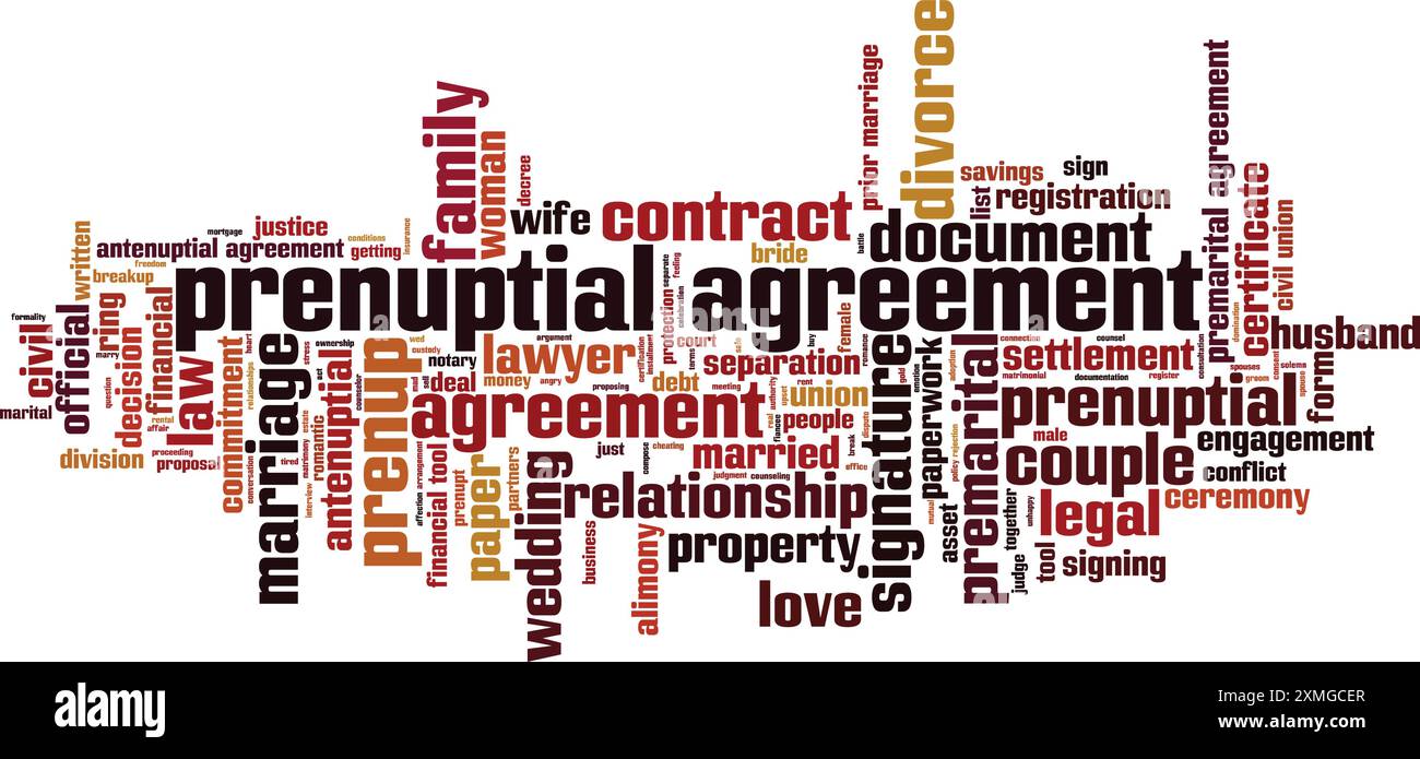 Concetto di Word cloud con accordo prematrimoniale. Collage fatto di parole sull'accordo prematrimoniale. Illustrazione vettoriale Illustrazione Vettoriale