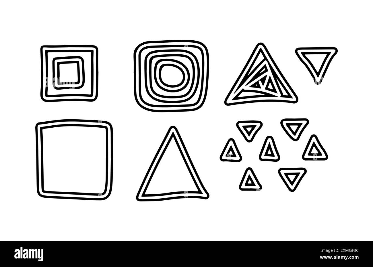 Sfondo del gruppo vettoriale. Grafica batik del gruppo geometrico quadrato e triangolare. Pittura a doodle disegnata a mano. Tratto pennello illustrazione del design. Concetto di vettore sfondo ART. Colore nero Illustrazione Vettoriale