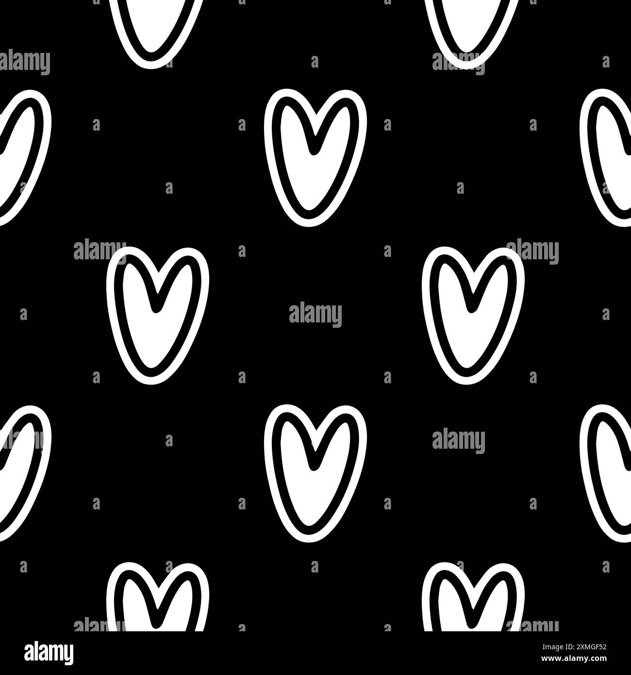 Sfondo cuore vettoriale. Grafico batik della ripetizione geometrica. Pittura a doodle disegnata a mano. Tratto pennello illustrazione del design. Sfondo artistico senza interruzioni. Bianco e nero. Concetto di San Valentino Illustrazione Vettoriale